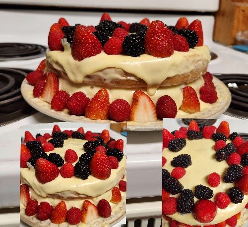 French vanilla cake with buttercream frosting and mixed berries